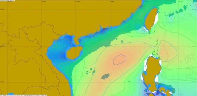 Wave model for 0700 UTC on February 18, 2012, showing waves of up to eight metres developing in the South China Sea. © Volvo Ocean Race http://www.volvooceanrace.com